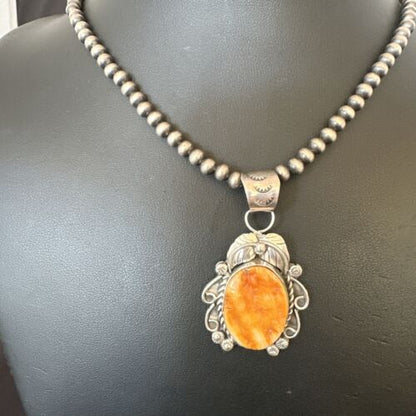 Women's Orange Spiny Oyster Pendant | Navajo Pearls Sterling Silver Necklace 21" | Handmade Jewelry | 16556