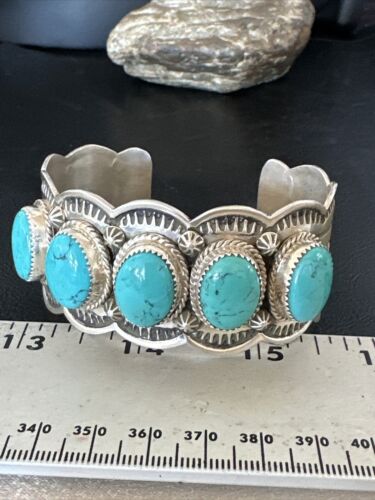Navajo Blue Turquoise 5 Stone Cuff Bracelet | Sterling Silver | XL Men's | Authentic Native American Handmade | 15859