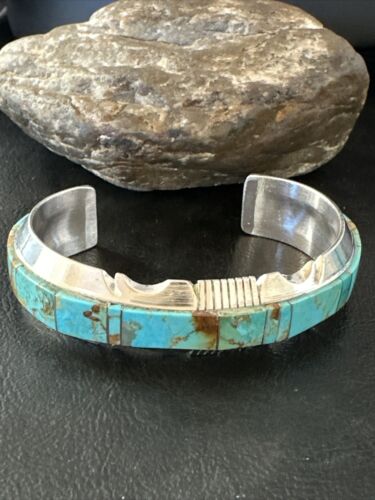 Navajo Blue Turquoise #8 Cuff Bracelet | Sterling Silver | Authentic Native American Handmade | 16899