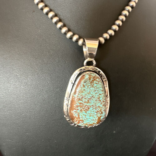 Navajo Blue Turquoise #8 Pendant | Sterling Silver Necklace with Pearls | Authentic Native American Handmade | 16347
