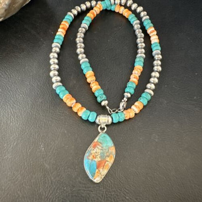 Navajo Spiny Turquoise Pendant Necklace | Sterling Silver | 21" | Authentic Native American Handmade | 17517