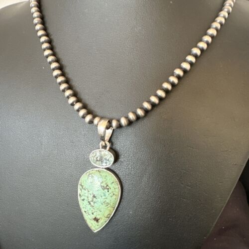 Navajo Dry Creek Turquoise Topaz Pendant Necklace | Sterling Silver | Authentic Native American Handmade | 16445