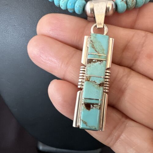 Men's & Women's Turquoise #8 Inlay Pendant Necklace | Navajo Sterling Silver | Authentic Native American Handmade | 17056