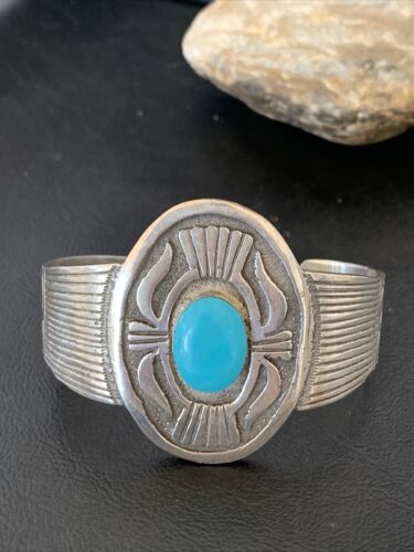 Navajo Blue Kingman Turquoise Cuff Bracelet | Sterling Silver | Authentic Native American Handmade | 1654