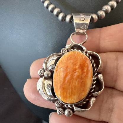 Navajo Orange Spiny Oyster Pendant Necklace | Sterling Silver Pearls | Authentic Native American Handmade | 16558