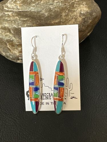 Southwestern Sterling Silver Multi-Color Turquoise Lapis Inlay Earrings | Authentic Native American Handmade | 14937