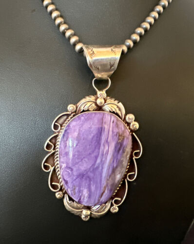 Navajo Purple Charoite Pendant with Pearls | Sterling Silver Necklace | Authentic Native American Handmade | 16654