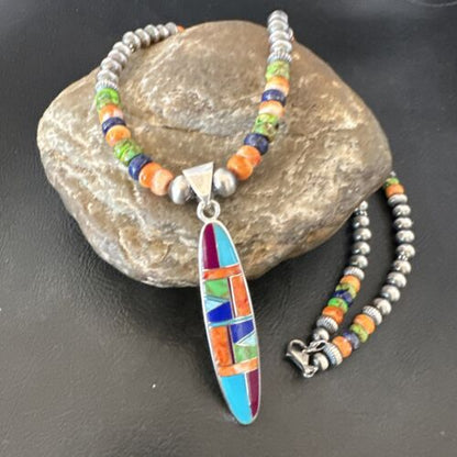 Navajo Lapis Spiny Oyster Turquoise Inlay Pendant Necklace | Sterling Silver | 21" | Authentic Native American Handmade | 16626