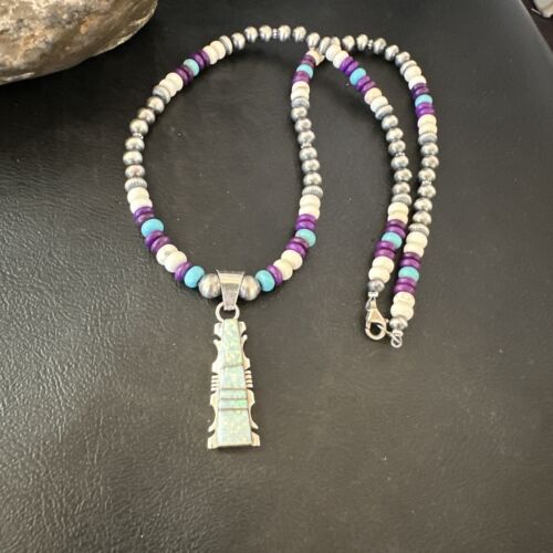 Navajo Opal Inlay Pendant with Turquoise and Sugilite | Sterling Silver Necklace | Authentic Native American Handmade | 16850