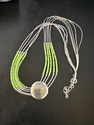 Navajo Green Gaspeite Heishi Concha Necklace | 5 Strand Liquid Sterling Silver | 20" | 15872