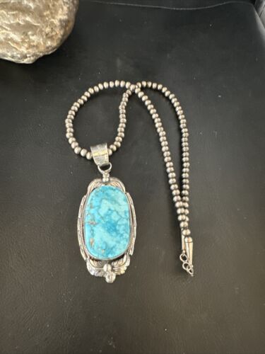 Navajo Blue Kingman Turquoise Pendant Necklace | Sterling Silver | Authentic Native American Handmade | 14861