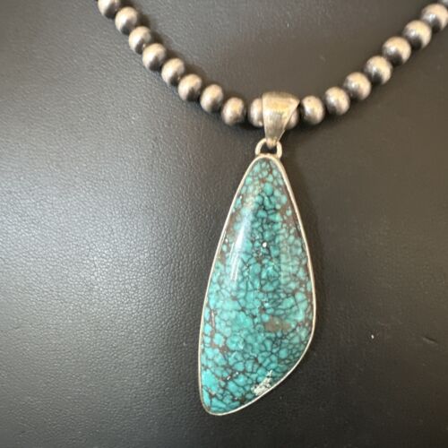 Men's Navajo Blue Spiderweb Turquoise Pendant Necklace | Sterling Silver | Authentic Native American Handmade | 16221