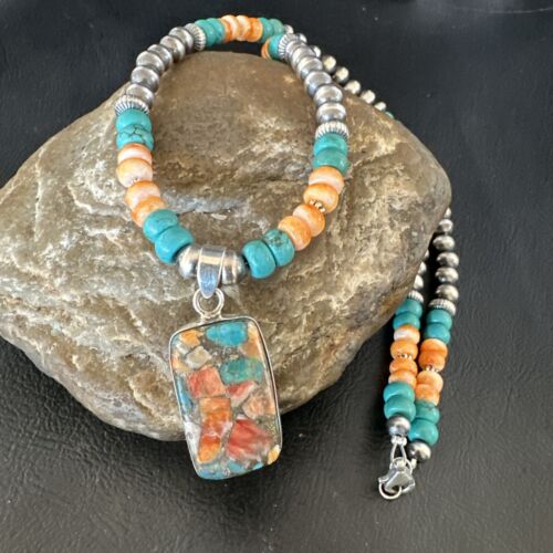 Navajo Spiny Turquoise Pendant Necklace | Sterling Silver | 21" | Authentic Native American Handmade | 17513