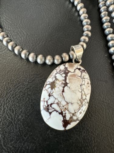 Navajo Wild Horse Turquoise Pendant Necklace | Sterling Silver Pearls | Authentic Native American Handmade | 15716