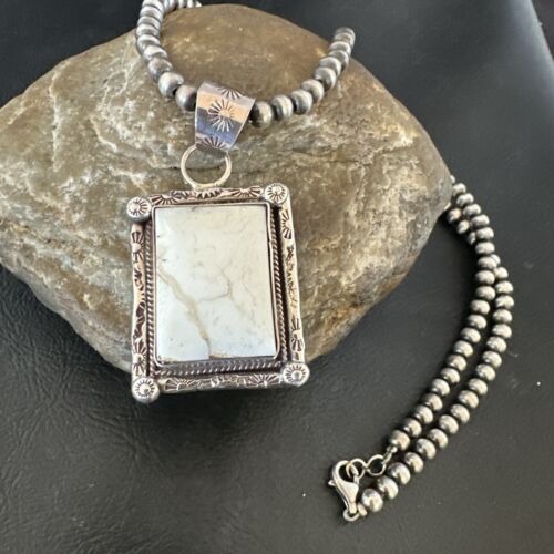 Navajo White Buffalo Turquoise Pendant | Sterling Silver Pearls Necklace | Authentic Native American Handmade | 17101