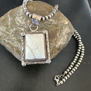Navajo White Buffalo Turquoise Pendant | Sterling Silver Pearls Necklace | Authentic Native American Handmade | 17101