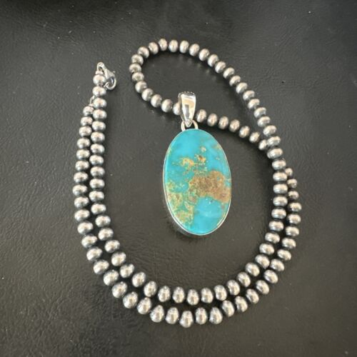Blue Kingman Turquoise Pendant | Navajo Pearls | Sterling Silver Necklace 20" | 16688