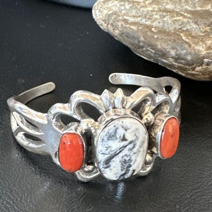 White Buffalo Turquoise Coral Navajo Tufa Cuff Bracelet | Sterling Silver | Authentic Native American Handmade | 16408
