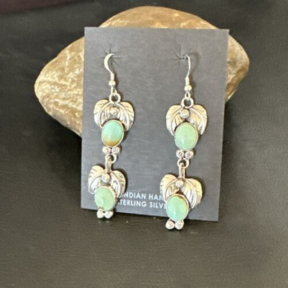 Navajo Blue Green Turquoise Dangle Earrings | Sterling Silver | 1.5" | Authentic Native American Handmade | 17385