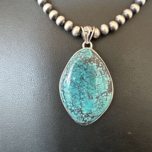 Men's Navajo Blue Spiderweb Turquoise Pendant Necklace | Sterling Silver | Authentic Native American Handmade | 16271
