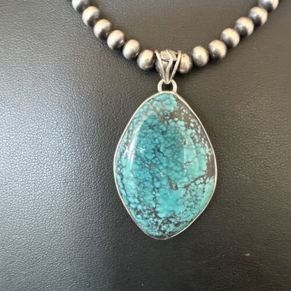 Men's Navajo Blue Spiderweb Turquoise Pendant Necklace | Sterling Silver | Authentic Native American Handmade | 16271