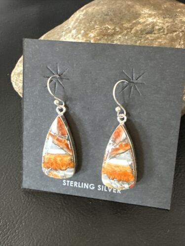 Navajo Blue Turquoise & Orange Spiny Oyster Inlay Dangle Earrings | Sterling Silver | 15583