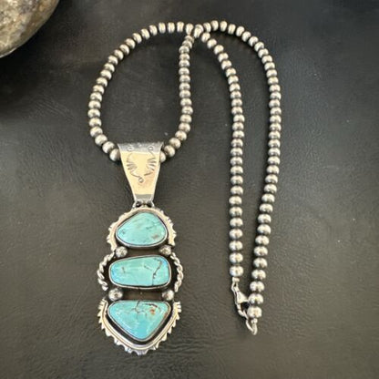 Navajo Blue Kingman Turquoise 3-Stone Cluster Pendant | Sterling Silver | Authentic Native American Handmade | 17631