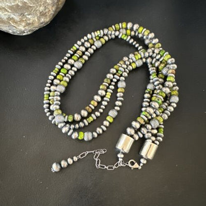 Navajo Pearls Green Turquoise Necklace | Sterling Silver | 3 Strand | 16403
