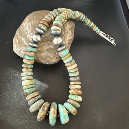 Navajo Green Turquoise Graduated Necklace | Sterling Silver Pearls | Authentic Native American | 21" | 17004