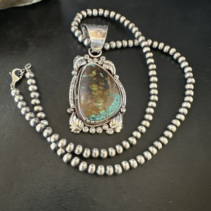 Men's Navajo Green Turquoise Pendant Necklace | Sterling Silver | Authentic Native American Handmade | 17528