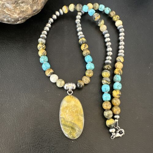 Men's BumbleBee Jasper Pendant Necklace | Navajo Pearls | Sterling Silver | Authentic Native American Handmade | 16876