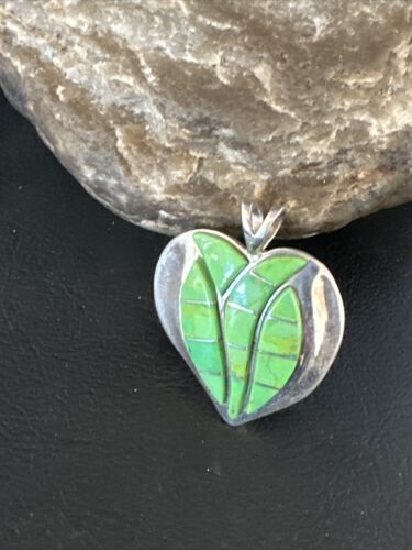 Navajo Green Gaspeite Heart Pendant Necklace | Sterling Silver Inlay | Authentic Native American Handmade | 15192