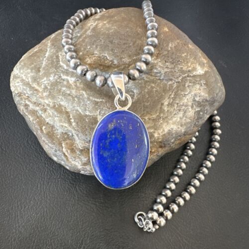 Navajo Blue Lapis Pendant with Pearls | Sterling Silver Necklace | 20" | Authentic Native American Handmade | 16663