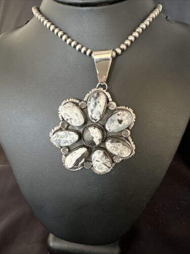 XL Cluster Navajo White Buffalo Turquoise Sterling Necklace Pendant | Multi-Stone | 14897