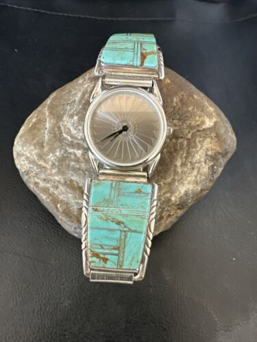 Navajo Men's Blue Turquoise Inlay Watch Tips Band | Sterling Silver | Multi-Stone | 17588