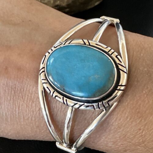 Navajo Blue Kingman Turquoise Cuff Bracelet | Sterling Silver | Authentic Native American Handmade | 16247