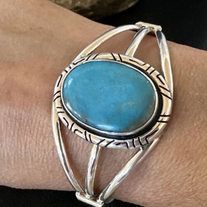 Navajo Blue Kingman Turquoise Cuff Bracelet | Sterling Silver | Authentic Native American Handmade | 16247