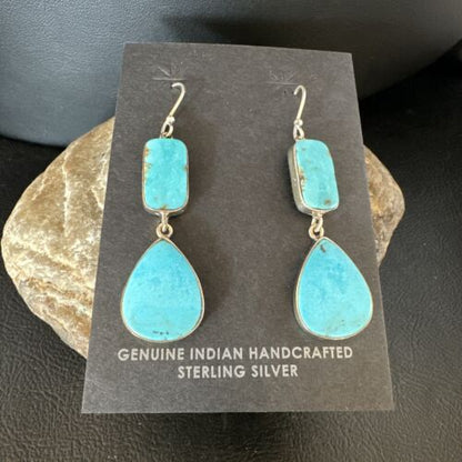 Navajo Blue Kingman Turquoise Dangle Earrings | Sterling Silver | Authentic Native American Handmade | 15123