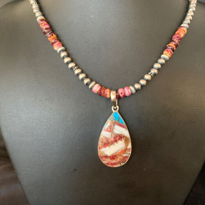 Navajo Pearls Turquoise & Spiny Oyster Pendant Necklace | Sterling Silver | 20" | Authentic Native American Handmade | 13872