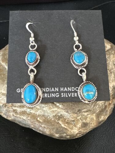 Kingman Turquoise Dangle Earrings | Navajo Sterling Silver | Authentic Native American Handmade | 14870
