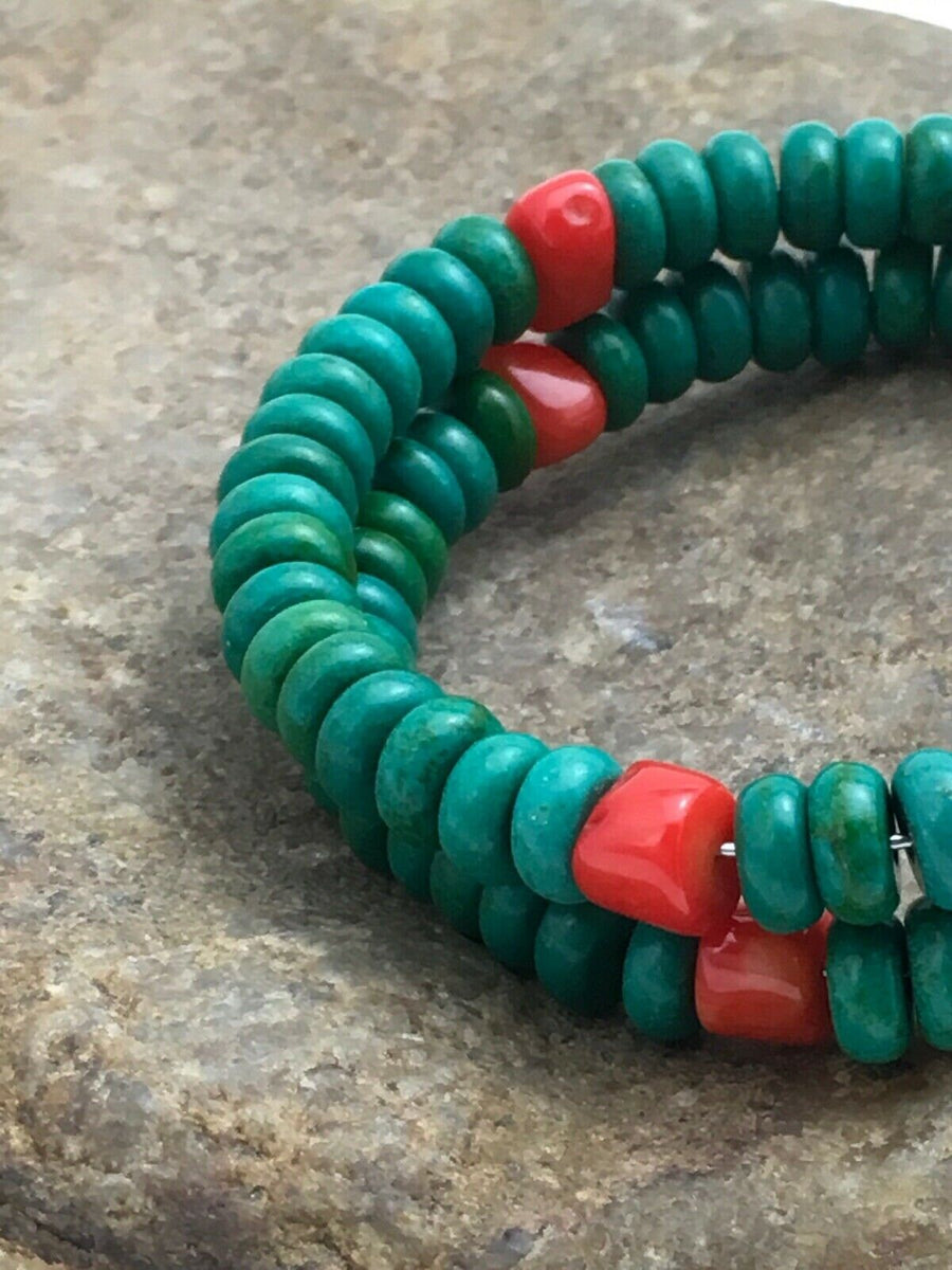 Native American Sterling Silver Bracelet | Coral & Green Turquoise | Handmade Southwestern Jewelry | 1075