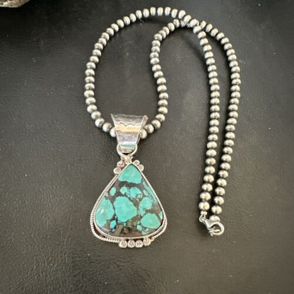 Men's Spiderweb Turquoise Pendant | Navajo Pearls Sterling Silver Necklace | Authentic Native American Handmade | 17068