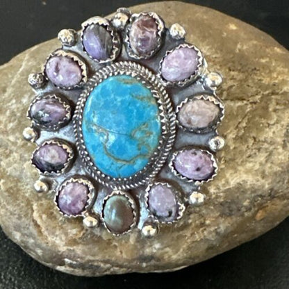 Navajo Cluster Blue Kingman Turquoise Charoite Ring | Authentic Native American Sterling Silver | Multi-Stone | Sz 9.5 | 17178