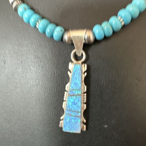 Navajo Men's Blue Turquoise Opal Pendant Necklace | Sterling Silver | 16039