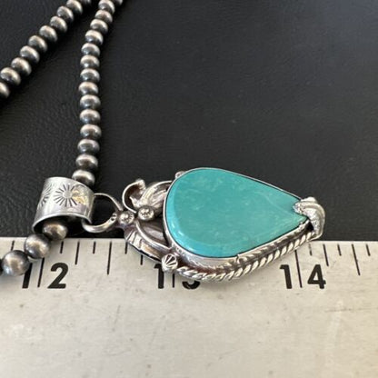 Navajo Blue Turquoise Pendant Necklace | Sterling Silver Pearls | Authentic Native American Handmade | 15648