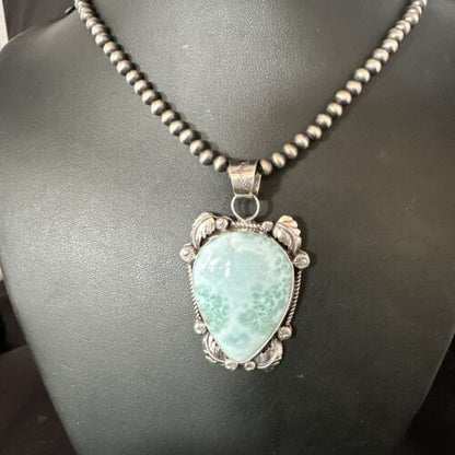 Navajo Blue Larimar Pendant Necklace | Sterling Silver Beads | Authentic Native American Handmade | 15222