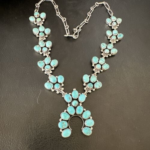 Navajo Blue Kingman Turquoise Squash Blossom Necklace | Sterling Silver | 16828