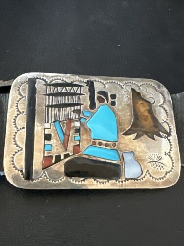 Ultra Rare Zuni Sun Face Inlay Belt | Turquoise Onyx | Sterling Silver | 40" | 17406