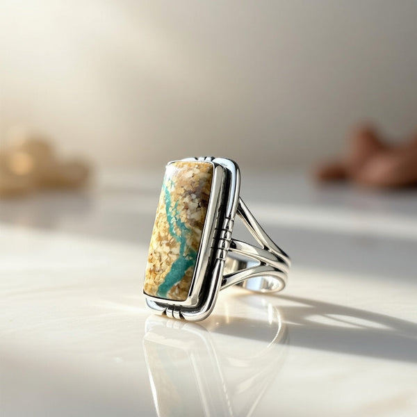Navajo Ribbon Boulder Green Turquoise Ring | Sterling Silver | Sz 8 | Authentic Native American Handmade | 16385