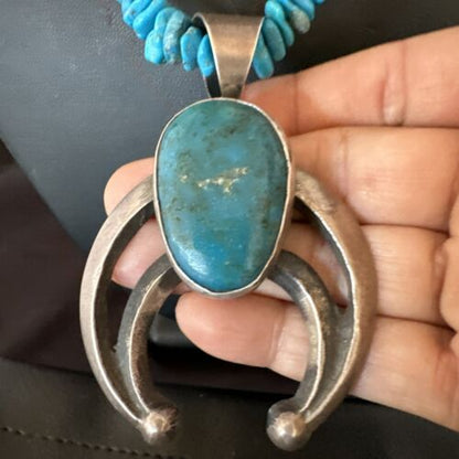 Navajo Blue Kingman Turquoise Naja Pendant Necklace | Sterling Silver | 26" | Authentic Native American Handmade | 16065